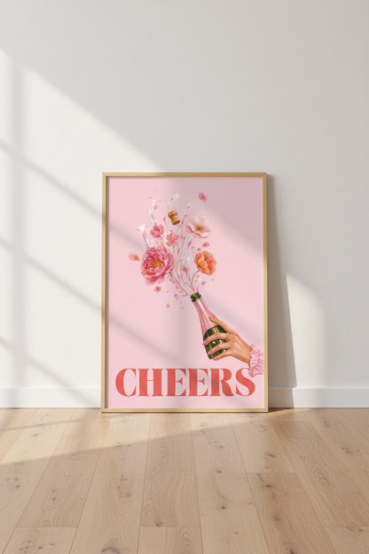 Pink Champagne Wall Art Print | Boho Floral Bar Cart Decor | Preppy Pink Poster