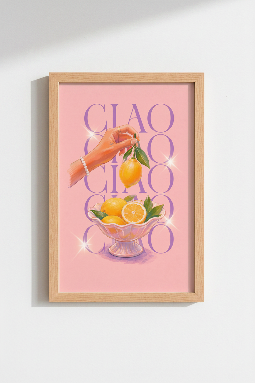 Italian Kitchen Art Print | Pink Lemon Mediterranean Decor | Retro Ciao Poster