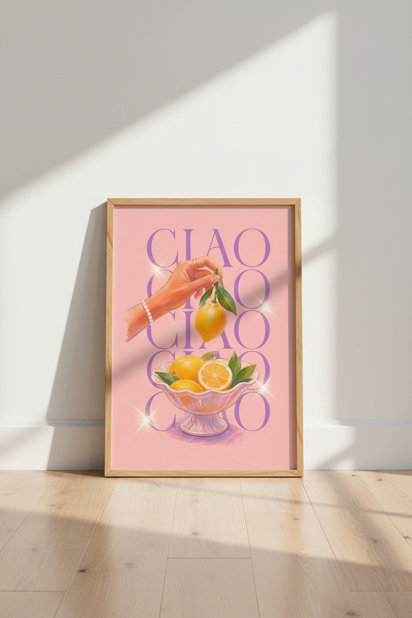 Italian Kitchen Art Print | Pink Lemon Mediterranean Decor | Retro Ciao Poster