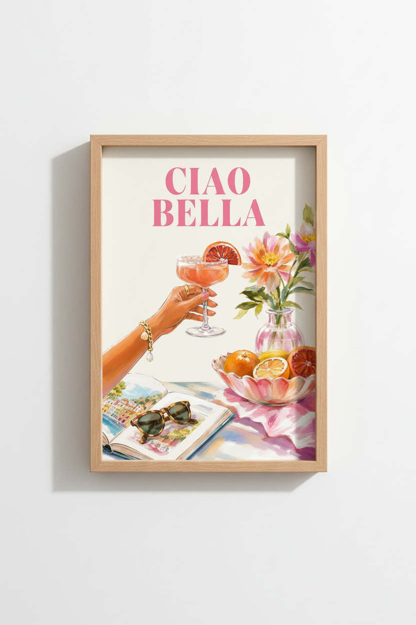 Ciao Bella Italian Art Print | Pink Mediterranean Poster, Kitchen &amp; Bar Cart Decor