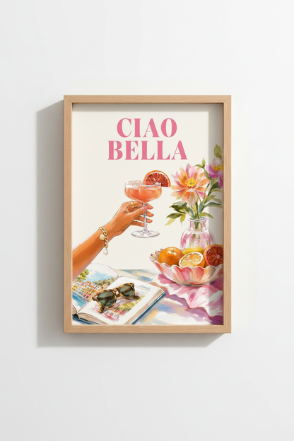 Ciao Bella Italian Art Print | Pink Mediterranean Poster, Kitchen &amp; Bar Cart Decor