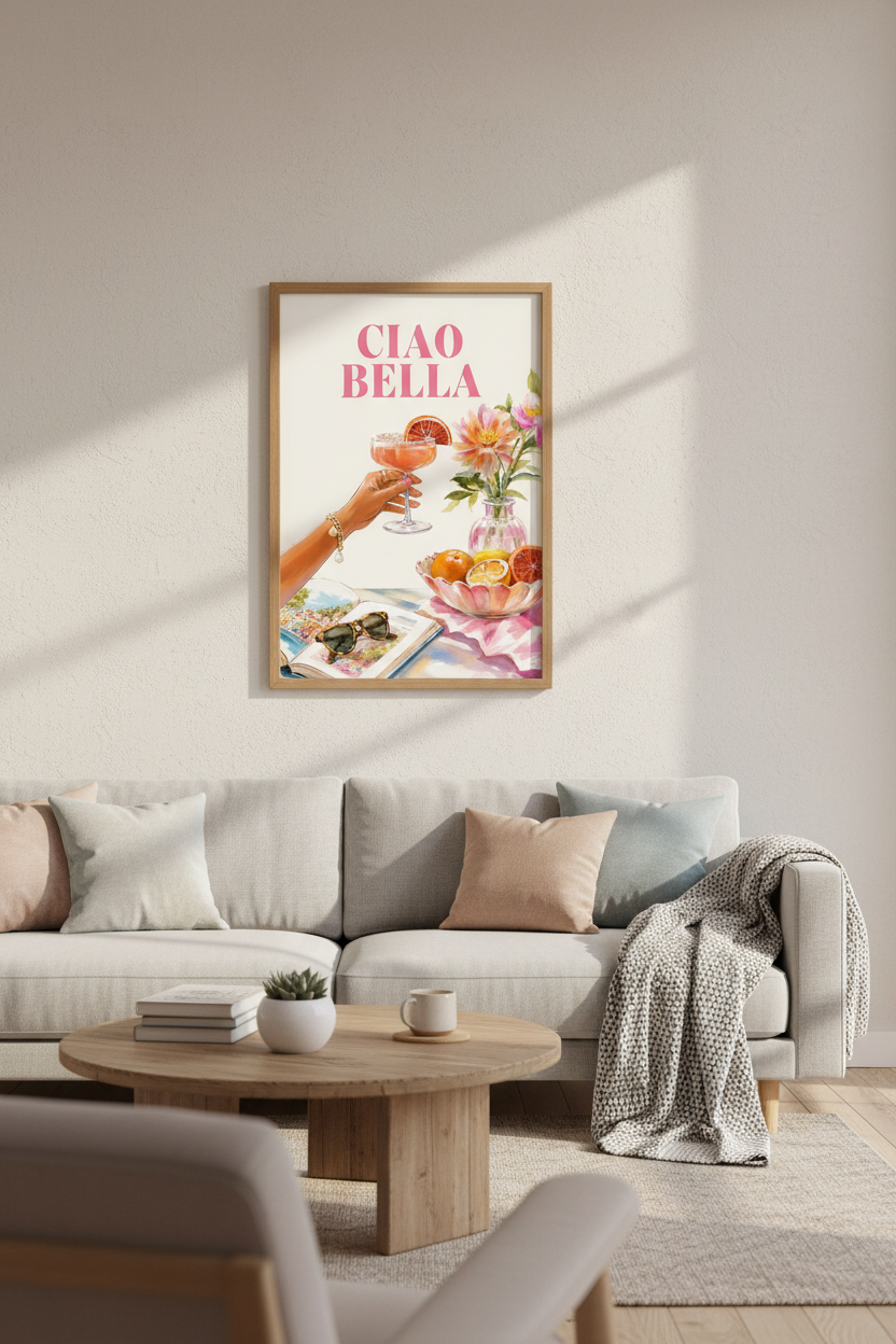 Ciao Bella Italian Art Print | Pink Mediterranean Poster, Kitchen &amp; Bar Cart Decor
