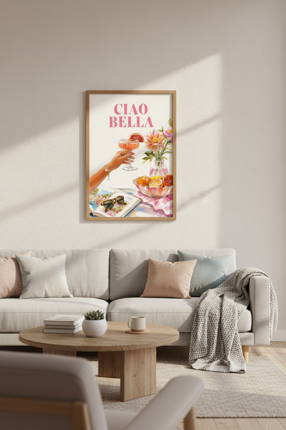 Ciao Bella Italian Art Print | Pink Mediterranean Poster, Kitchen &amp; Bar Cart Decor