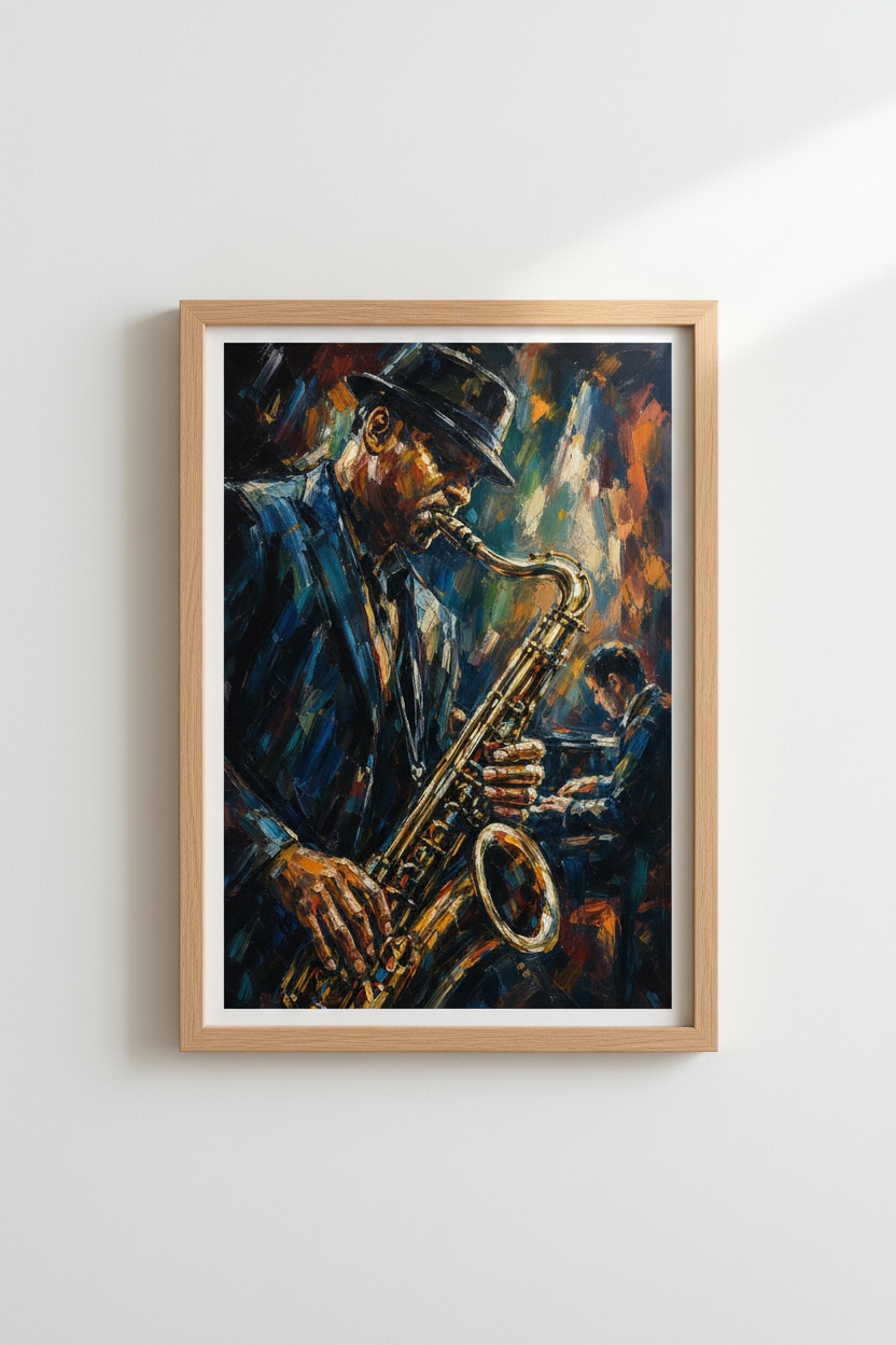 Jazz Musician Art Print | Saxophone Oil Painting Style, Music Room Decor Poster