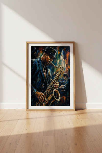 Jazz Musician Art Print | Saxophone Oil Painting Style, Music Room Decor Poster