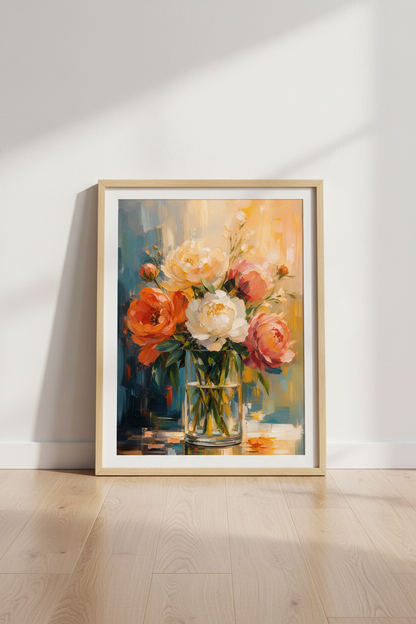 Peony Floral Wall Art | Impressionist Oil Style, Vibrant Flower Blossom Poster