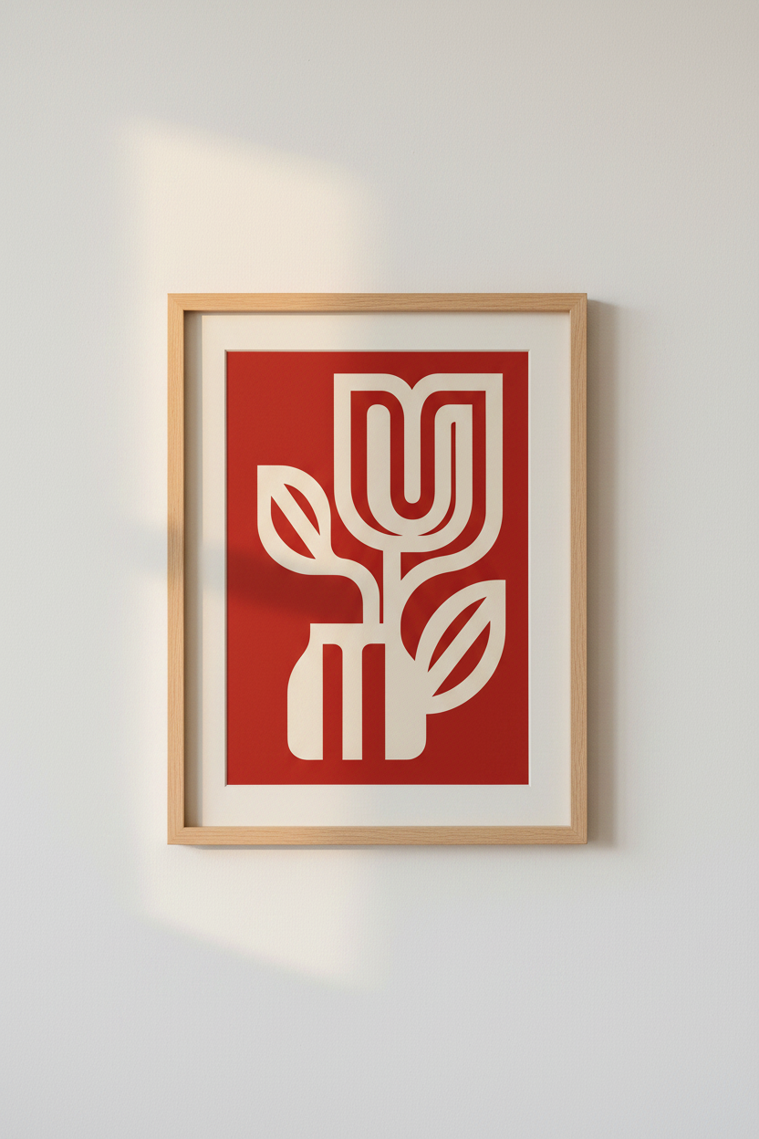 Minimalist Tulip Wall Art | Red Geometric Floral Print, Modern Living Room Decor