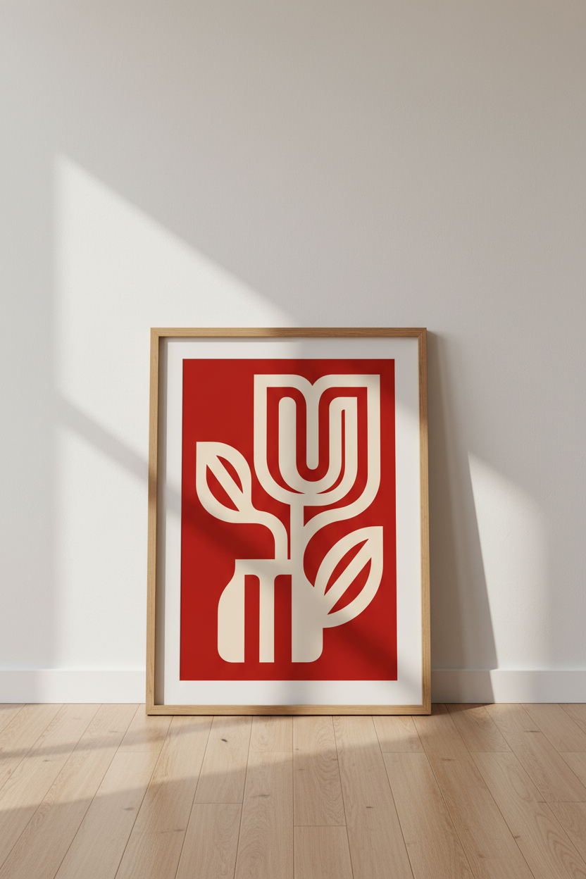 Minimalist Tulip Wall Art | Red Geometric Floral Print, Modern Living Room Decor
