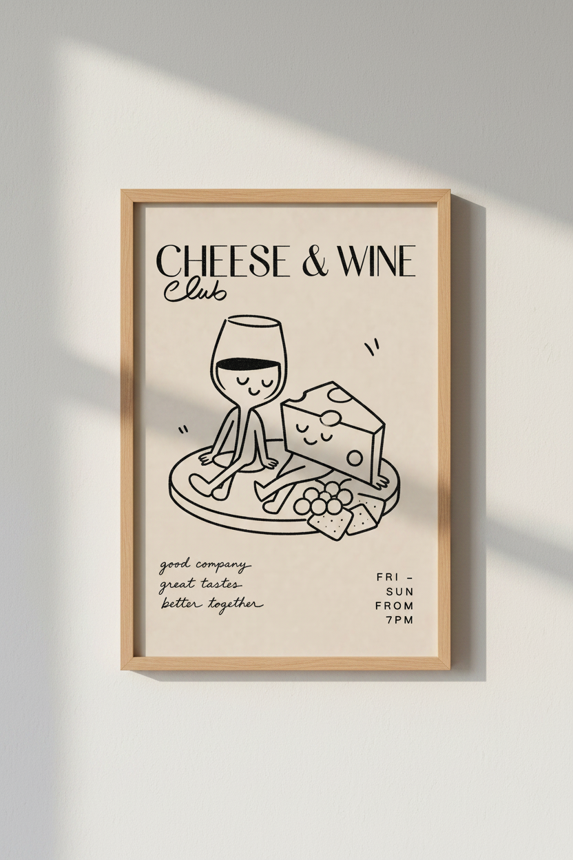 Cheese and Wine Club Wall Art Print | Kitchen Dining Decor | Minimalist Poster