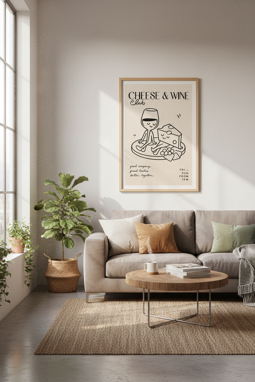 Cheese and Wine Club Wall Art Print | Kitchen Dining Decor | Minimalist Poster