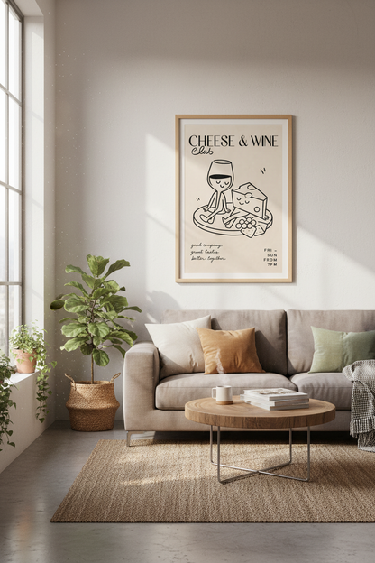 Cheese and Wine Club Wall Art Print | Kitchen Dining Decor | Minimalist Poster