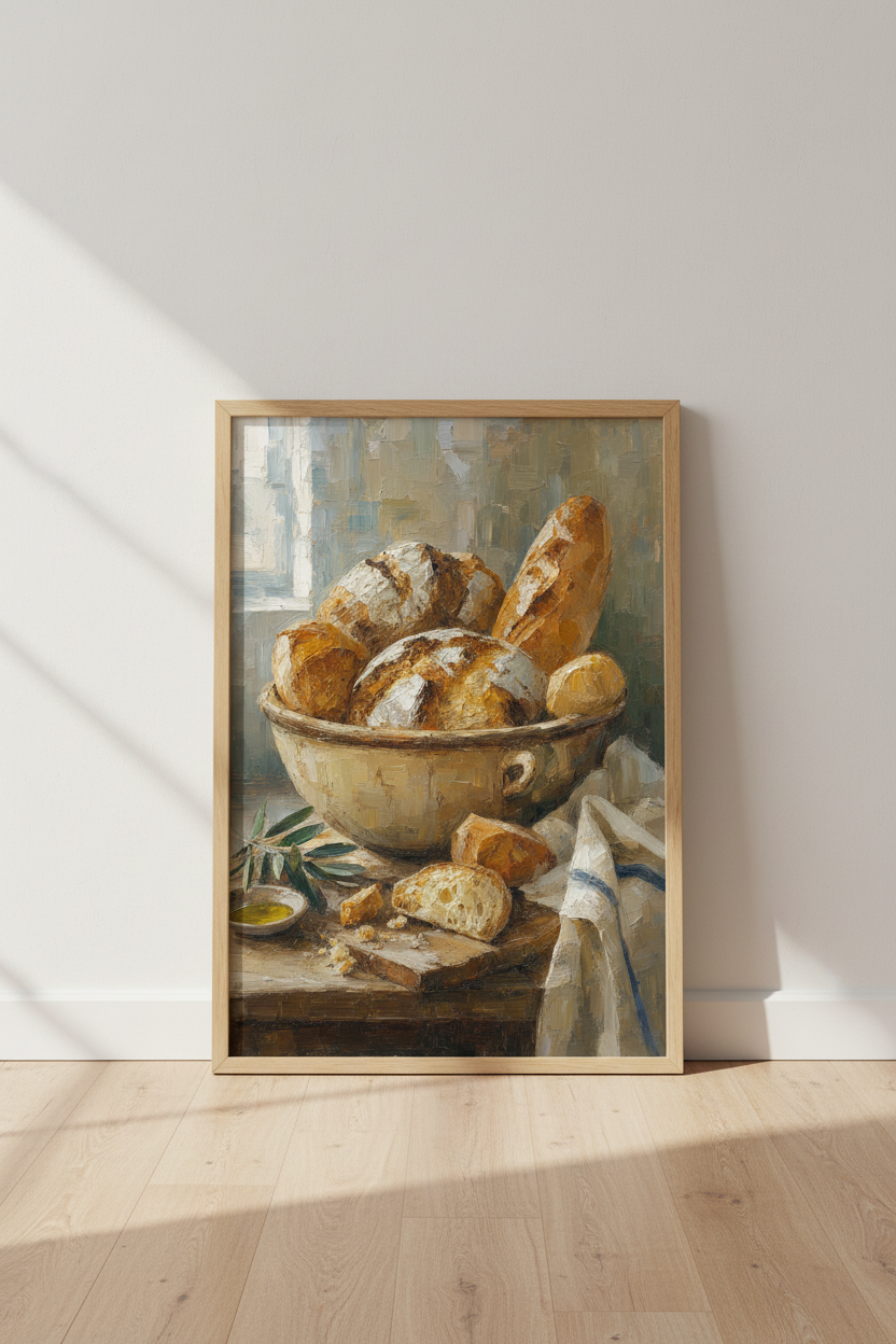 Artisan Bread Oil Painting | Rustic Kitchen Decor, Large Farmhouse Poster