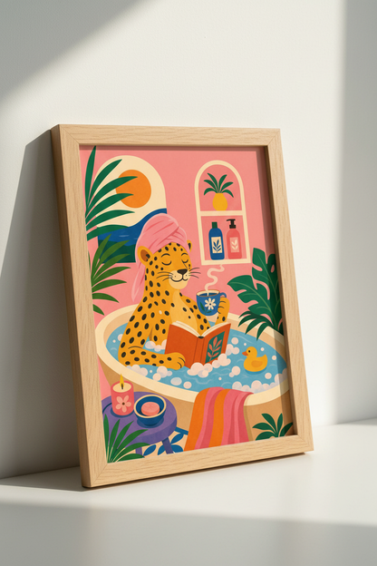 Leopard in Bathtub Wall Art | Pink Maximalist Decor | Fun Bathroom Poster