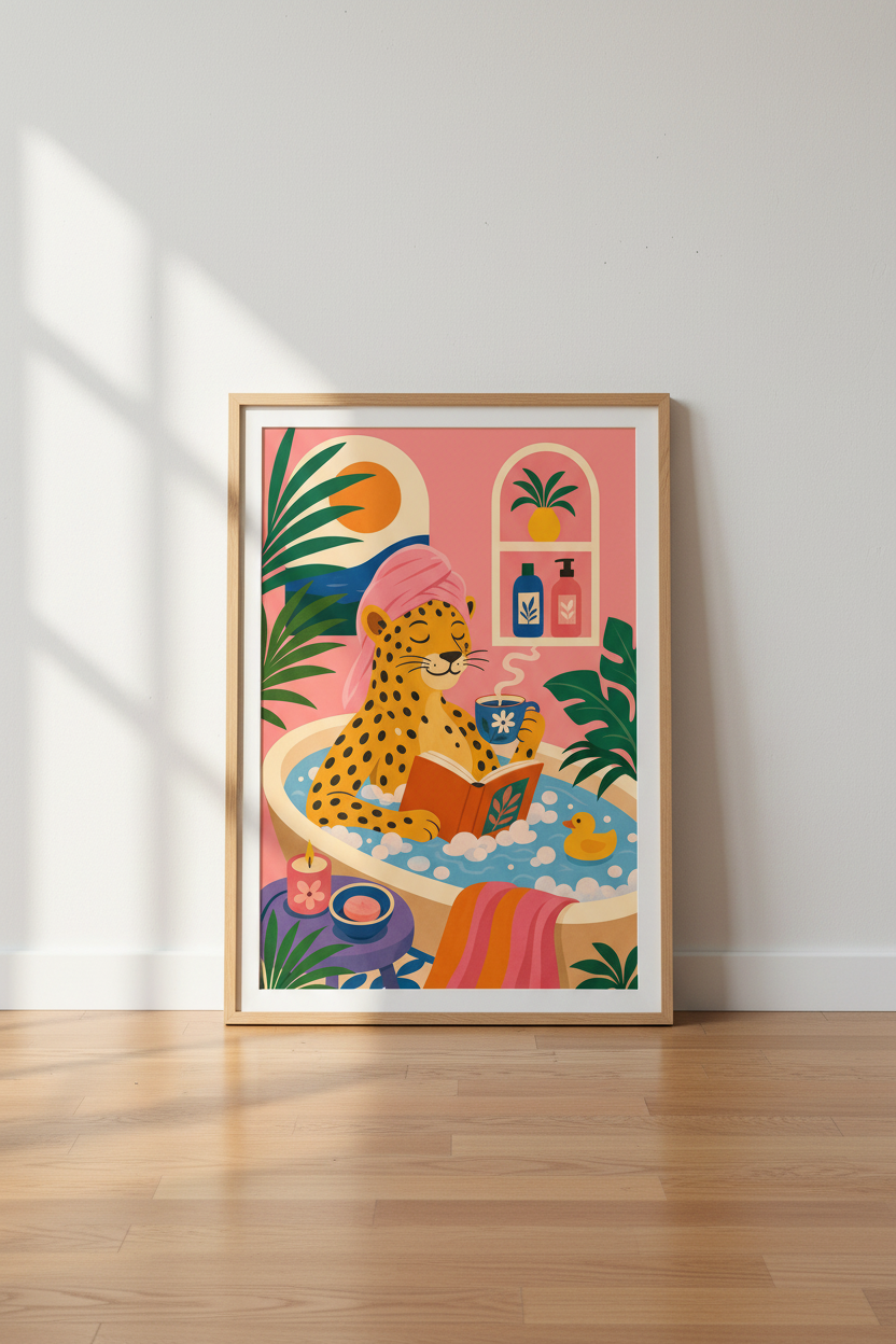 Leopard in Bathtub Wall Art | Pink Maximalist Decor | Fun Bathroom Poster