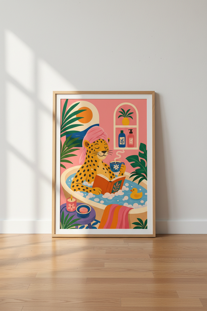 Leopard in Bathtub Wall Art | Pink Maximalist Decor | Fun Bathroom Poster