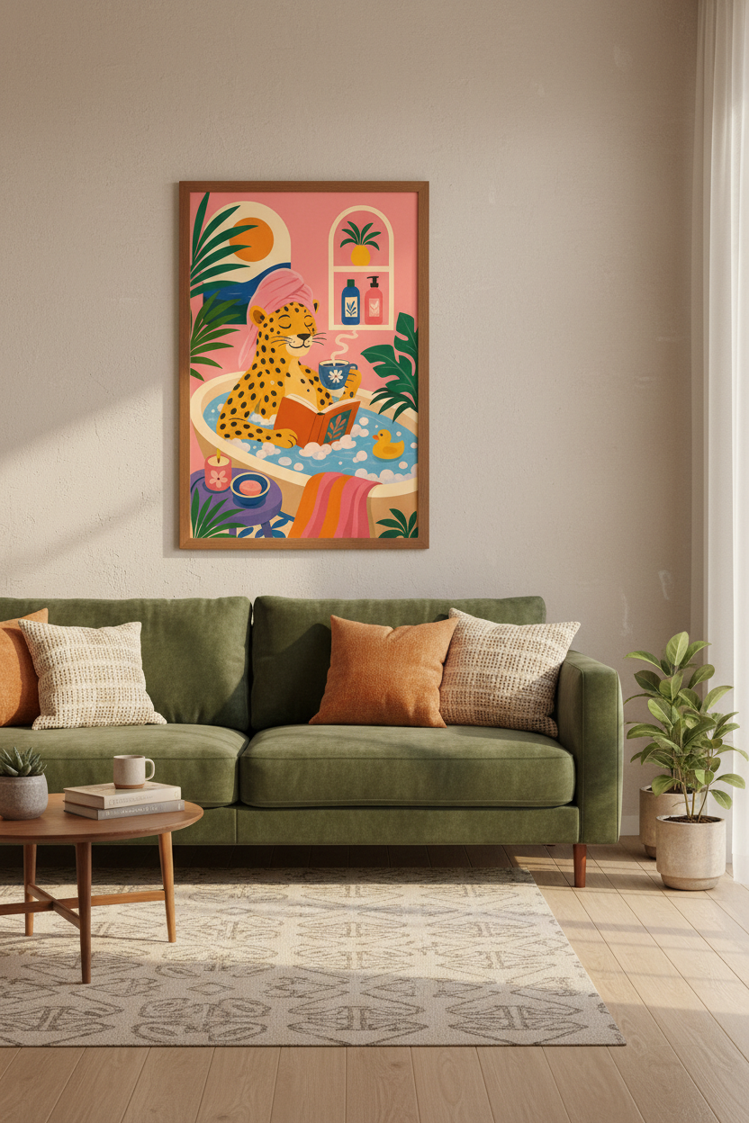 Leopard in Bathtub Wall Art | Pink Maximalist Decor | Fun Bathroom Poster