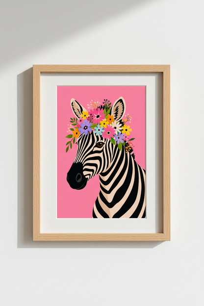 Zebra Floral Wall Art Print | Pink Nursery Decor | Maximalist Animal Poster