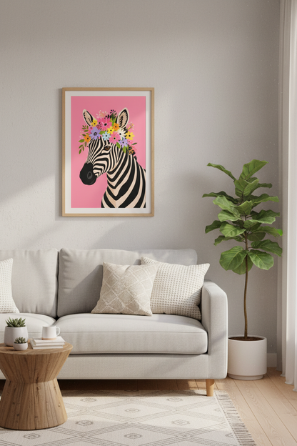 Zebra Floral Wall Art Print | Pink Nursery Decor | Maximalist Animal Poster