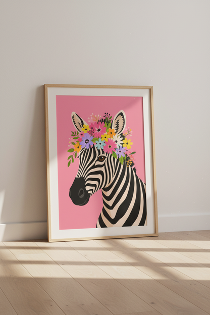 Zebra Floral Wall Art Print | Pink Nursery Decor | Maximalist Animal Poster