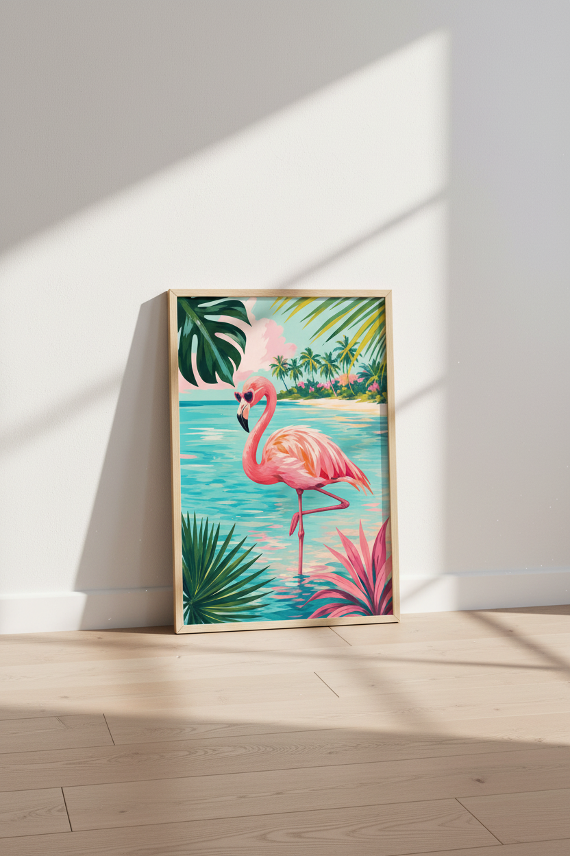 Flamingo Beach Poster | Tropical Pink Bird Art, Summer Vacation Aesthetic Decor