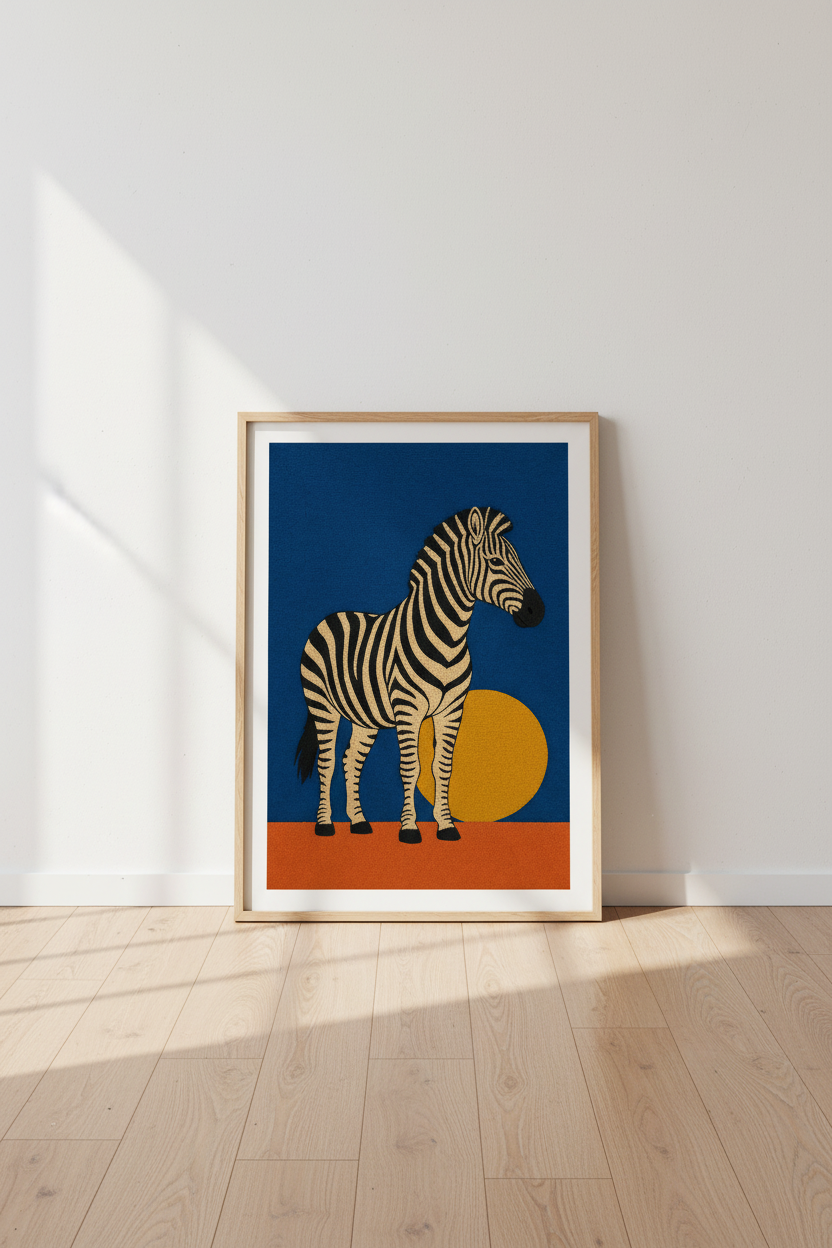 Zebra Wall Art Print | Navy &amp; Gold Savanna Decor | Modern Textile Style Poster