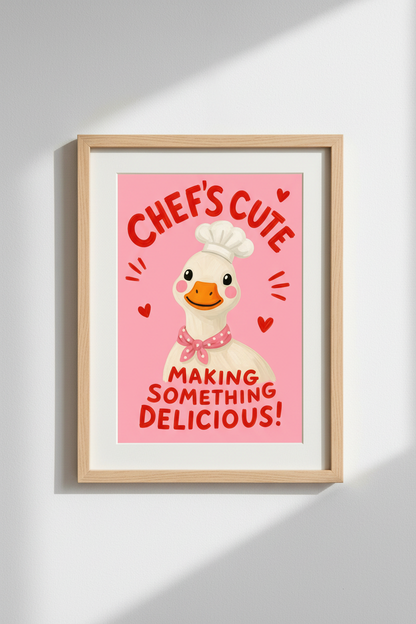 Funny Kitchen Wall Art | Cute Duck Chef Poster, Pink Dopamine Decor Foodie Gift