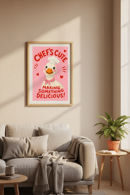 Funny Kitchen Wall Art | Cute Duck Chef Poster, Pink Dopamine Decor Foodie Gift