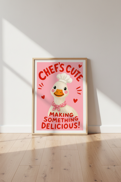 Funny Kitchen Wall Art | Cute Duck Chef Poster, Pink Dopamine Decor Foodie Gift