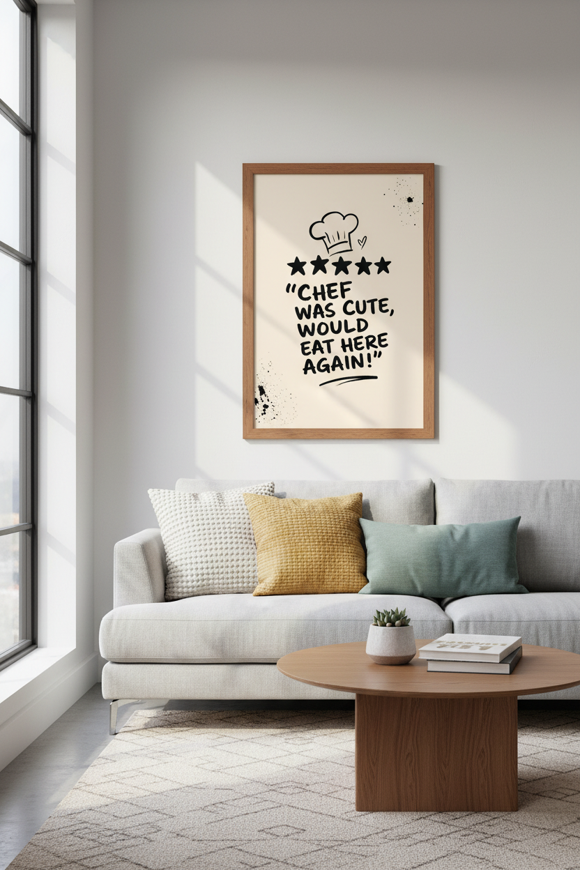 Funny Kitchen Wall Art | Chef Was Cute 5 Star Review Poster, Cute Dining Room Decor