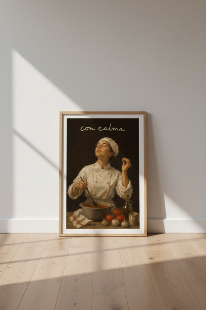 Italian Chef Oil Painting | Con Calma Kitchen Decor, Rustic Foodie Art Poster