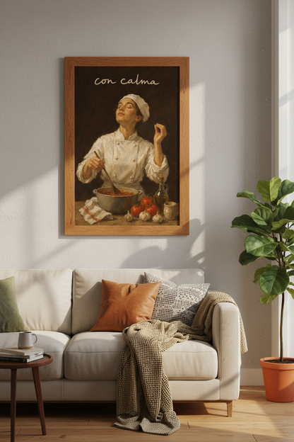 Italian Chef Oil Painting | Con Calma Kitchen Decor, Rustic Foodie Art Poster