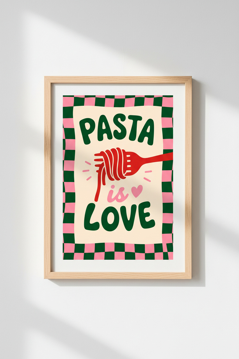 Retro Kitchen Poster | Pink and Green Pasta Wall Art Print | Fun Dining Room Decor
