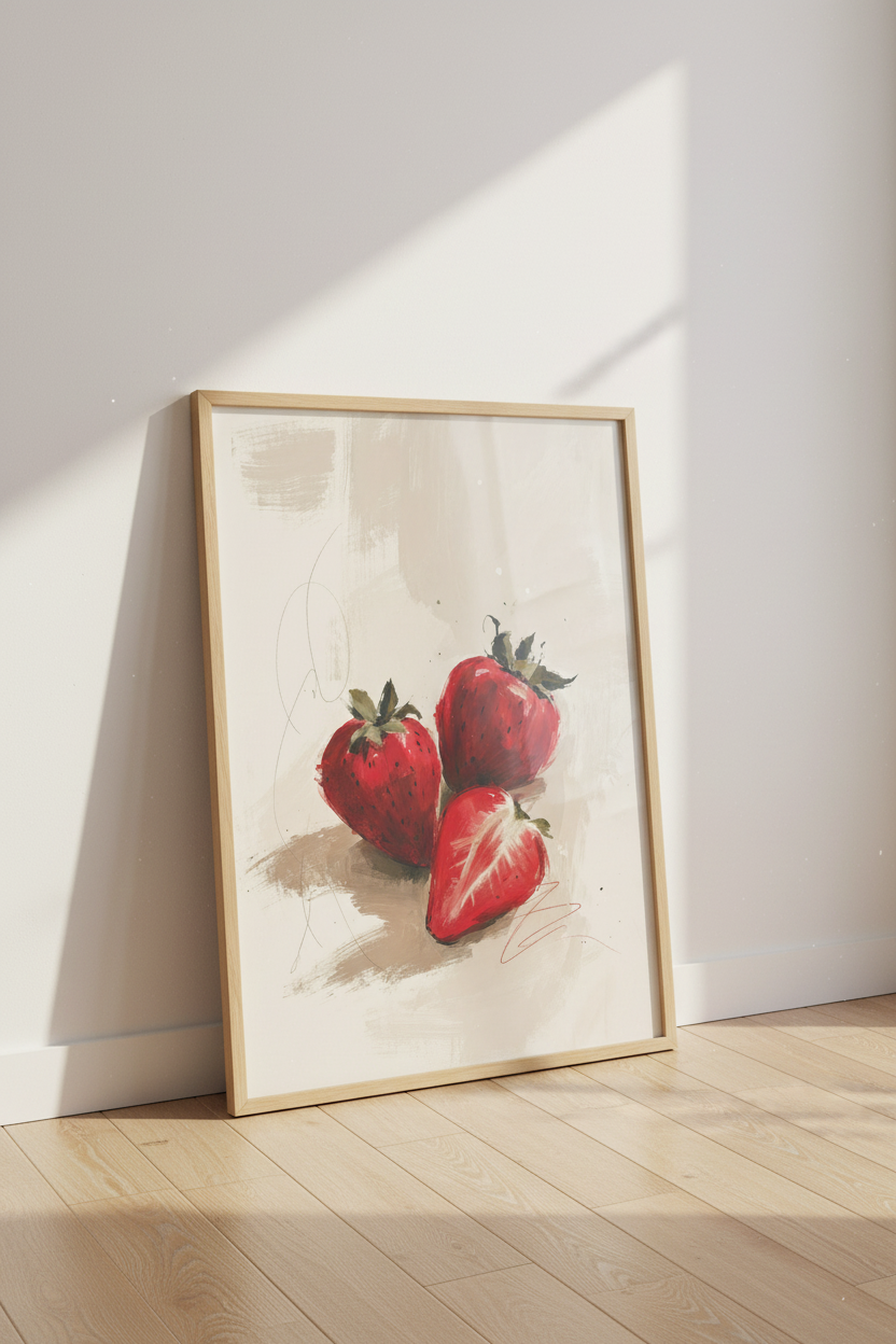 Strawberry Fruit Wall Art Print | Kitchen Decor | Painterly Red Berry Poster