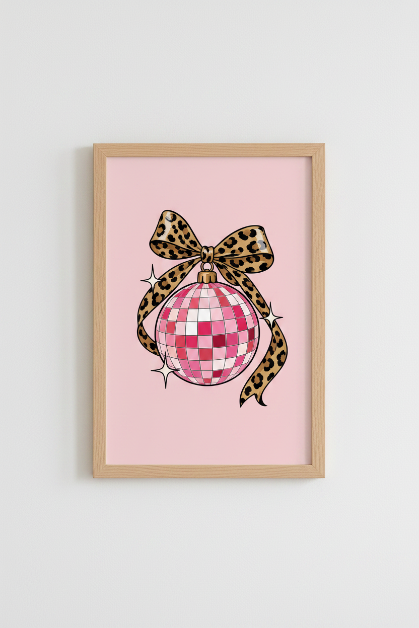 Pink Disco Ball Leopard Bow Wall Art Print | Preppy Room Decor | Trendy Coquette Poster