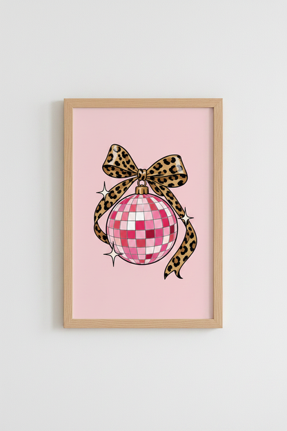 Pink Disco Ball Leopard Bow Wall Art Print | Preppy Room Decor | Trendy Coquette Poster