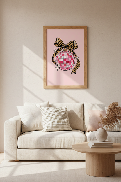 Pink Disco Ball Leopard Bow Wall Art Print | Preppy Room Decor | Trendy Coquette Poster