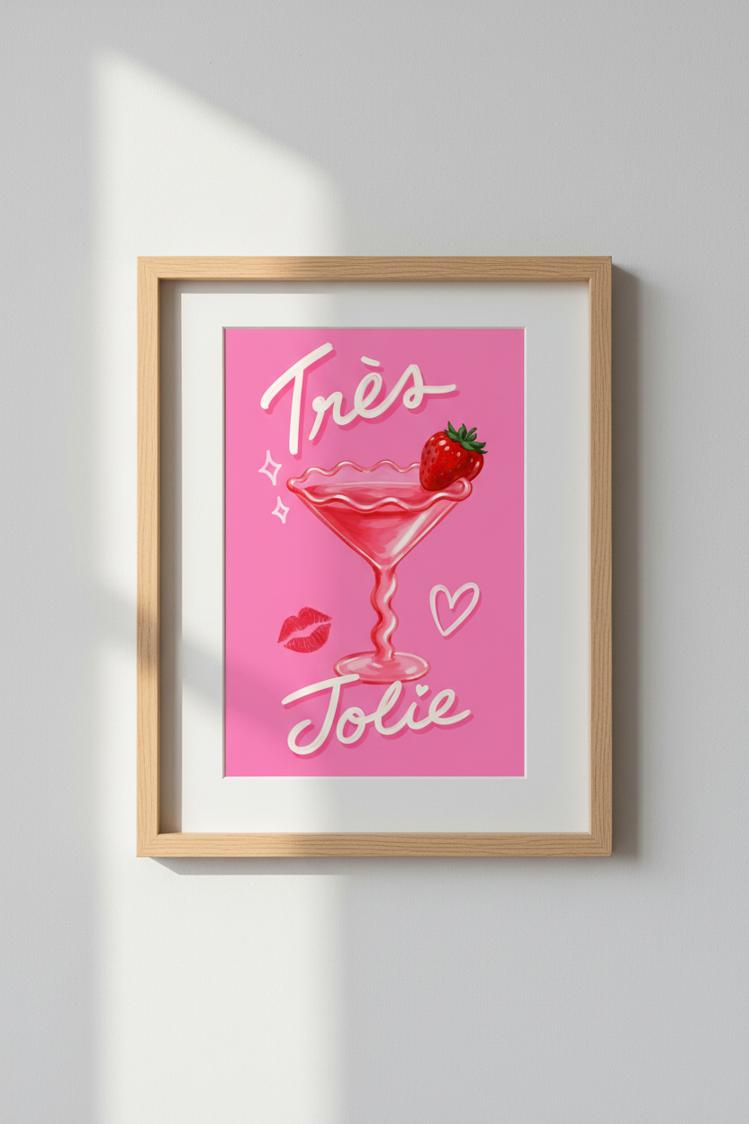Pink Cocktail Wall Art | French Tres Jolie Strawberry Print | Preppy Bar Decor Poster