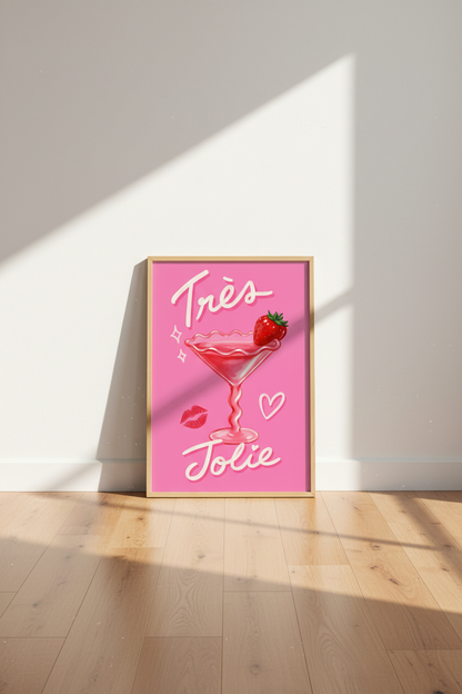 Pink Cocktail Wall Art | French Tres Jolie Strawberry Print | Preppy Bar Decor Poster