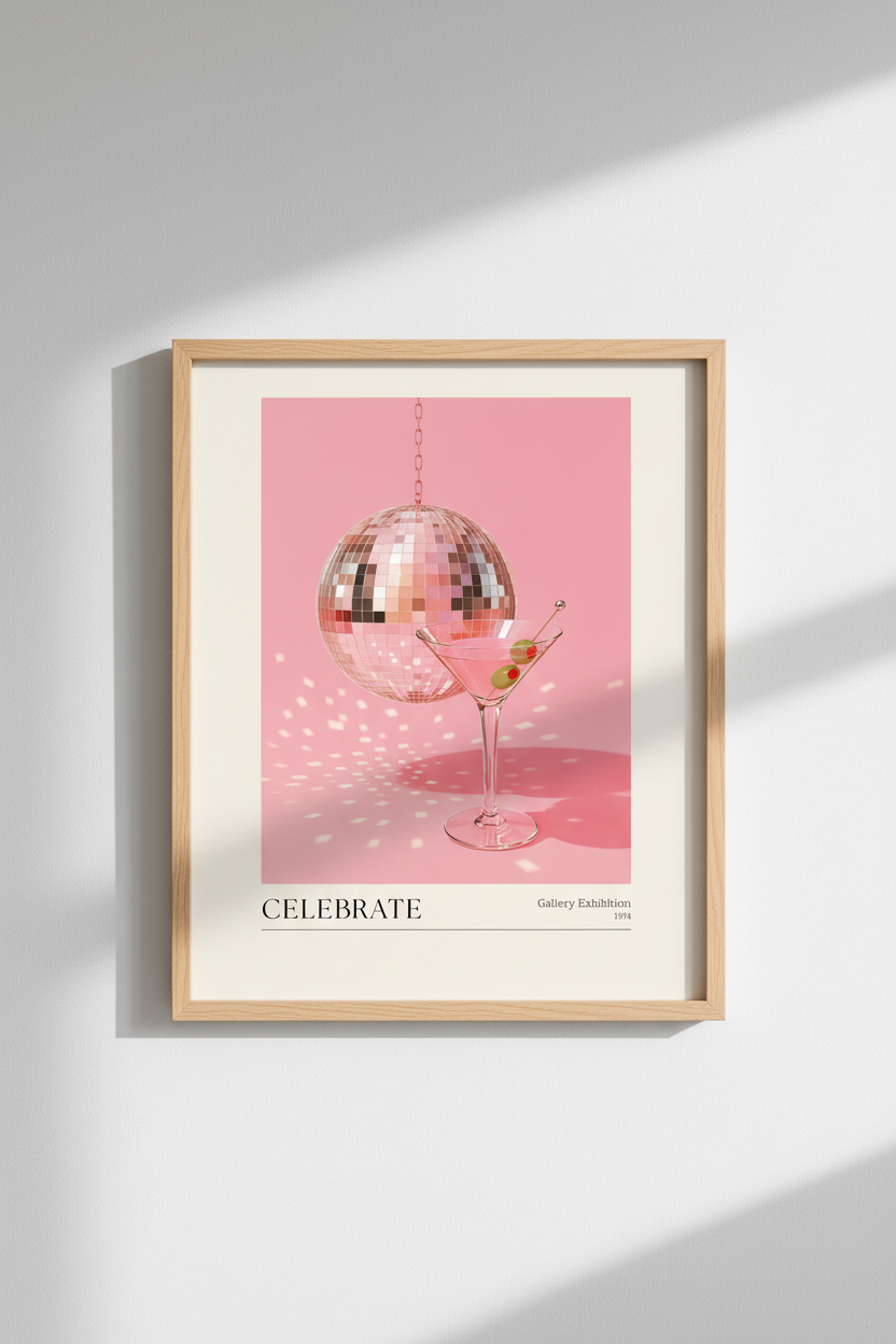 Disco Ball Art Print | Pink Martini Retro Poster, Home Bar Decor, Aesthetic Wall Art