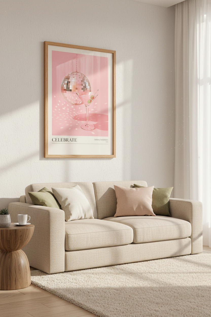Disco Ball Art Print | Pink Martini Retro Poster, Home Bar Decor, Aesthetic Wall Art