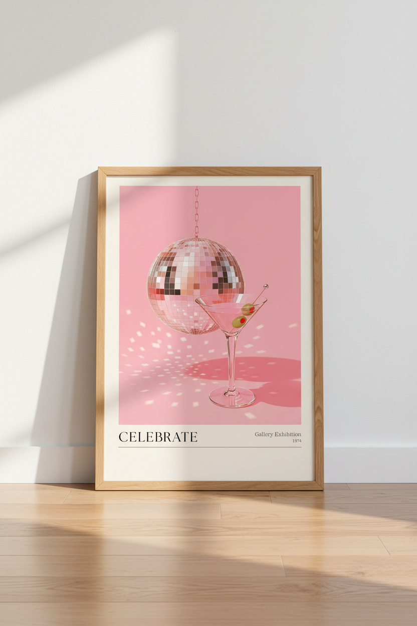 Disco Ball Art Print | Pink Martini Retro Poster, Home Bar Decor, Aesthetic Wall Art