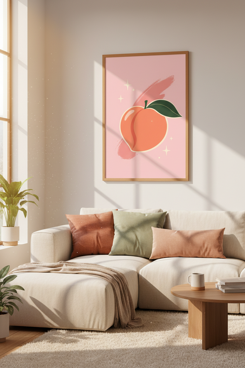 Pastel Peach Wall Art Print | Pink Kitchen Decor | Aesthetic Fruit Poster