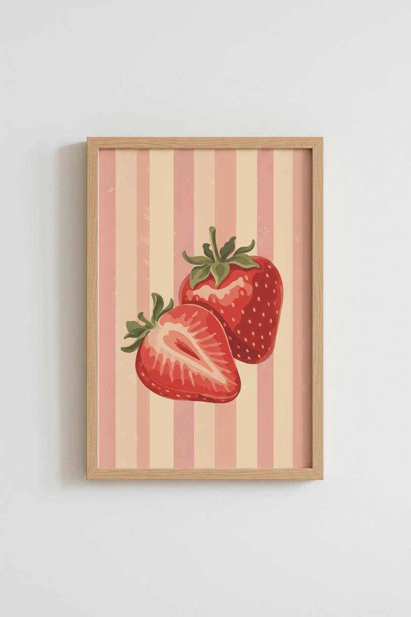 Strawberry Wall Art | Vintage Red &amp; Pink Fruit Poster | Kitchen Cottagecore Decor