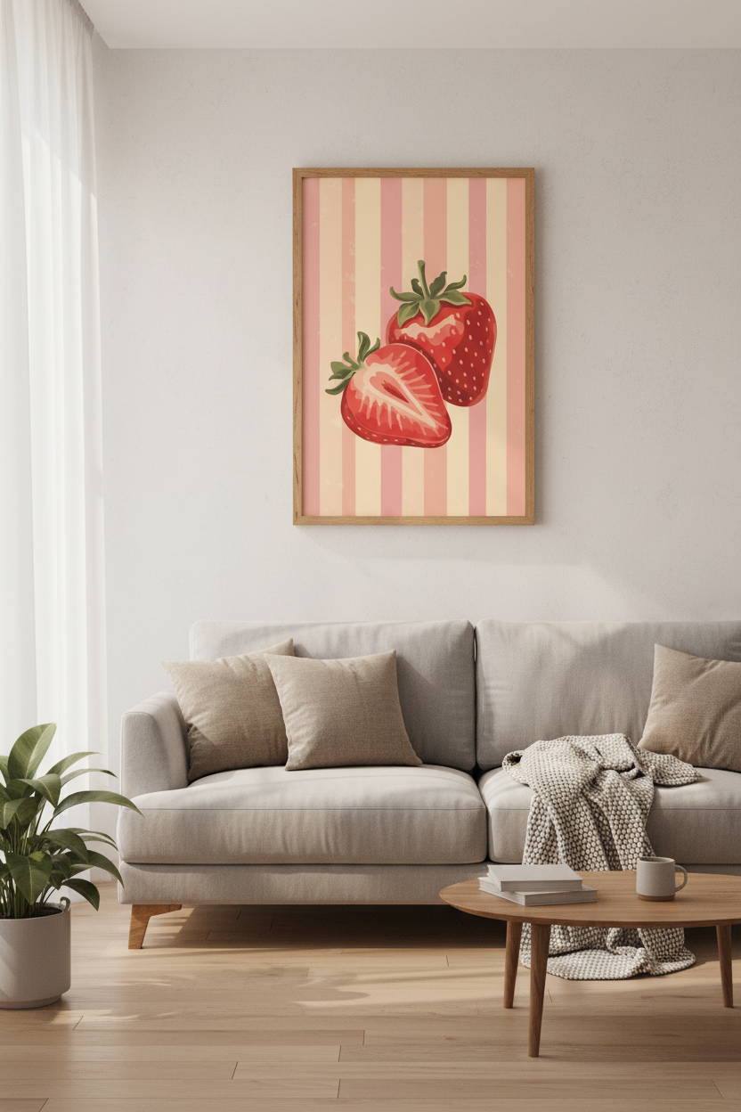 Strawberry Wall Art | Vintage Red &amp; Pink Fruit Poster | Kitchen Cottagecore Decor