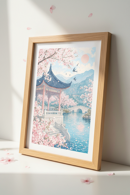 Japanese Cherry Blossom Pagoda Wall Art | Pink Sakura Landscape, Zen Bedroom Decor