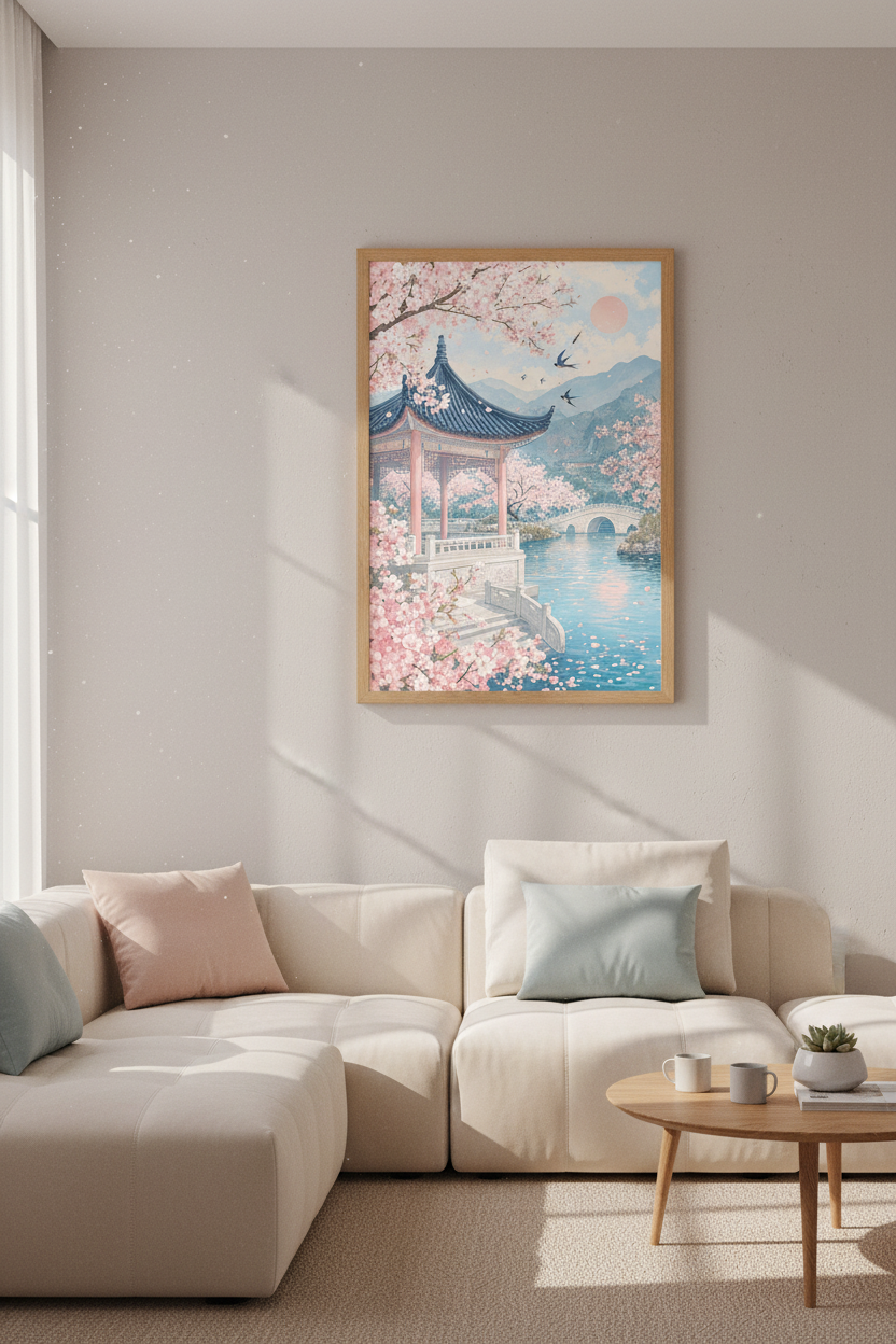 Japanese Cherry Blossom Pagoda Wall Art | Pink Sakura Landscape, Zen Bedroom Decor