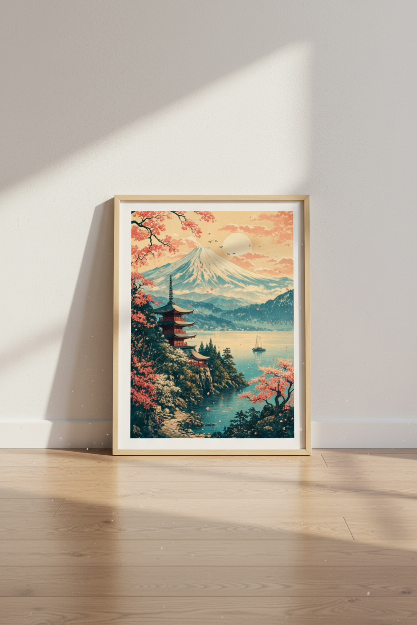 Mount Fuji | Ukiyo-e Cherry Blossom Art, Japanese Landscape Wall Decor
