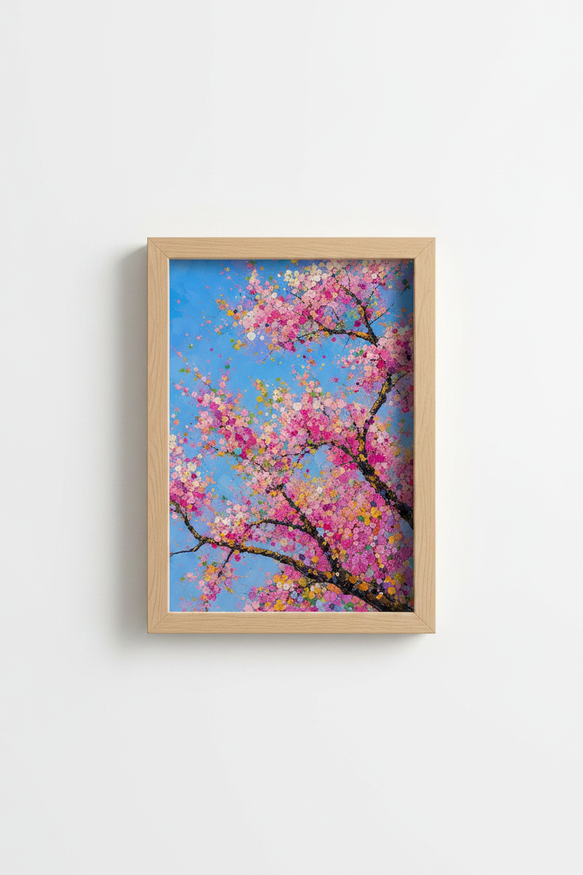 Pink Blossom Wall Art | Abstract Floral, Blue Tones | Living Room Decor