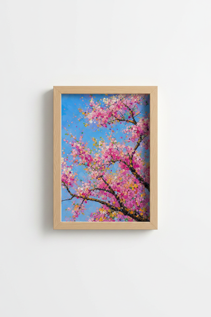 Pink Blossom Wall Art | Abstract Floral, Blue Tones | Living Room Decor