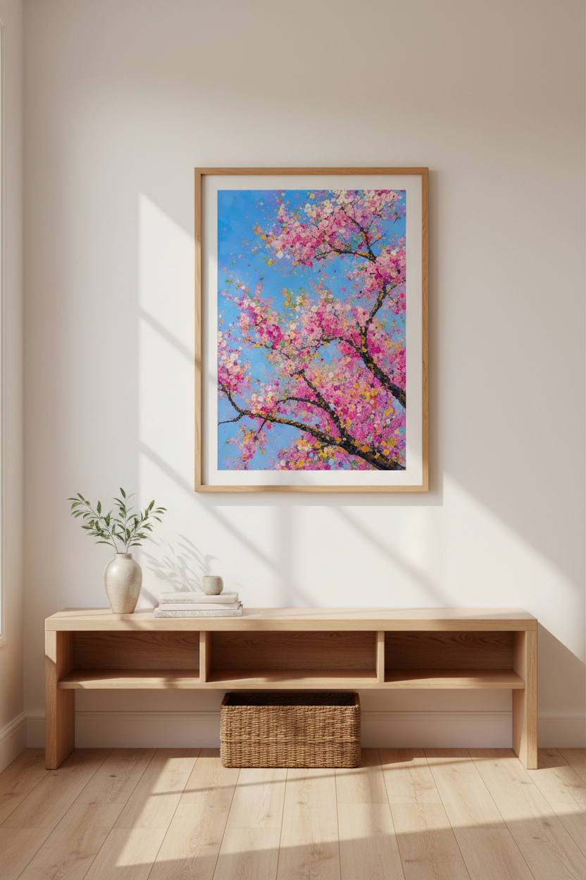 Pink Blossom Wall Art | Abstract Floral, Blue Tones | Living Room Decor